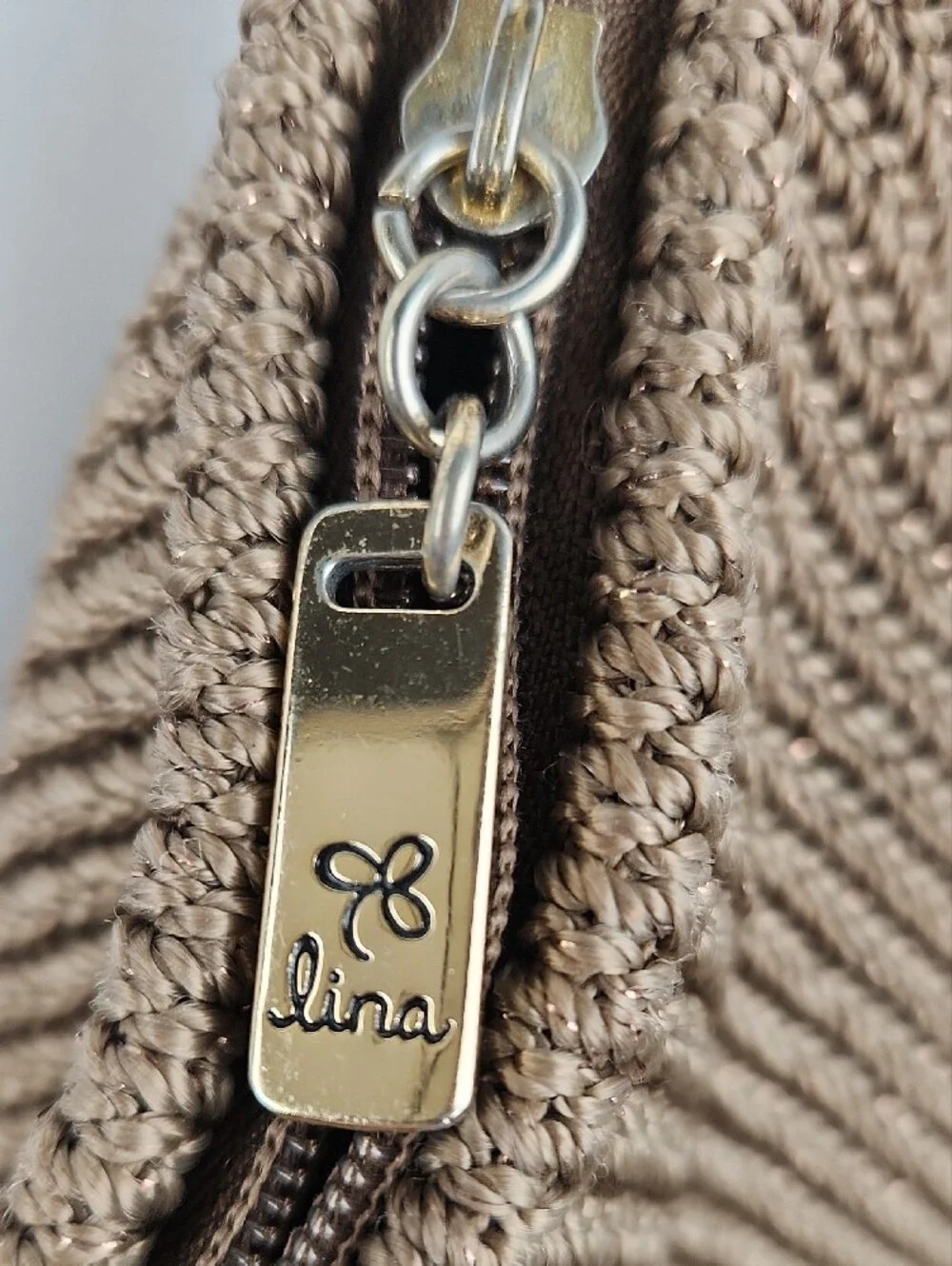 Lina Crochet Braided Boho Shoulder Bag - Cappuchino/Gold Thread
